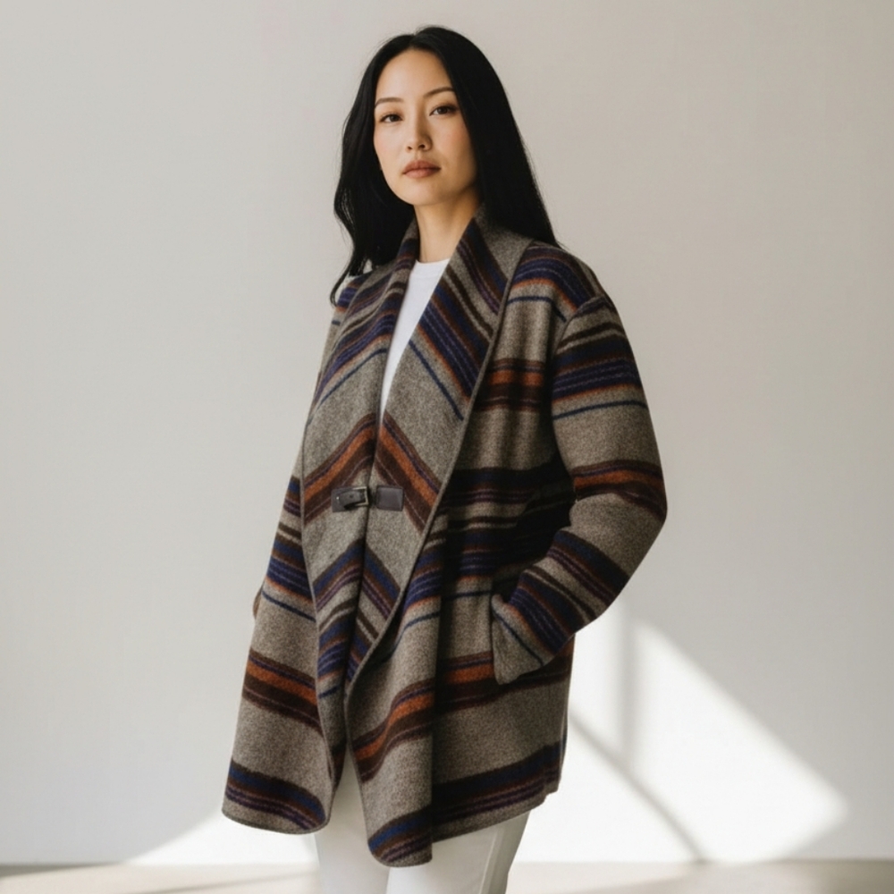 Fenn Wright Mason Wool Serape Stripe Southwest Buckle Blanket Cardigan Medium